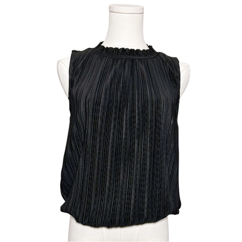 Evereve Black Satin Plisse Ruffle Neck Keyhole Back Sleeveless Blouse Small